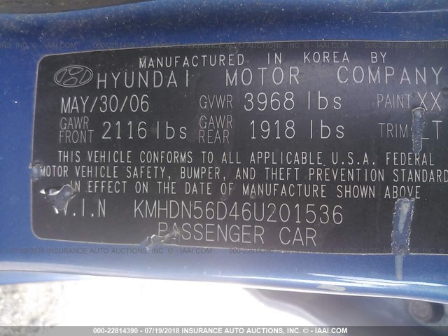 KMHDN56D46U201536 - 2006 HYUNDAI ELANTRA GLS/GT/LIMITED BLUE photo 9