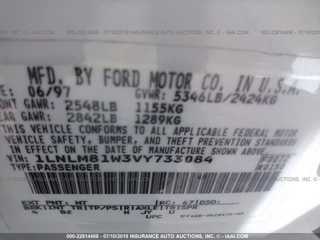 1LNLM81W3VY733084 - 1997 LINCOLN TOWN CAR EXECUTIVE WHITE photo 9