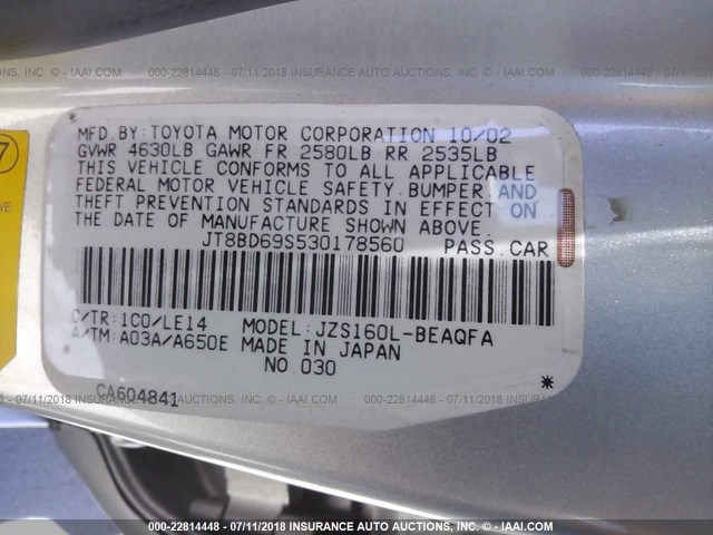 JT8BD69S530178560 - 2003 LEXUS GS 300 SILVER photo 9