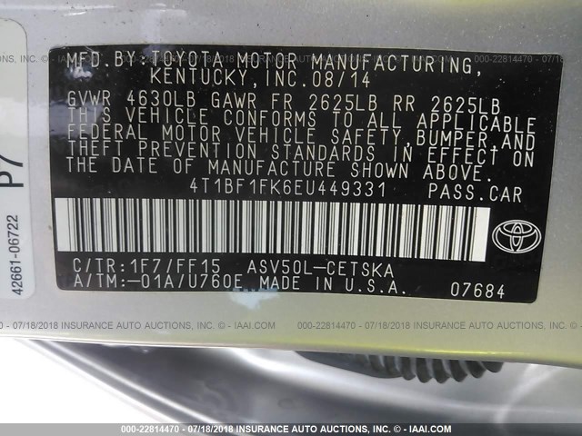 4T1BF1FK6EU449331 - 2014 TOYOTA CAMRY L/SE/LE/XLE 银色 照片 9