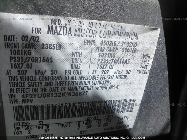 4F2YU08132KM36871 - 2002 MAZDA TRIBUTE LX/ES 绿色 照片 9