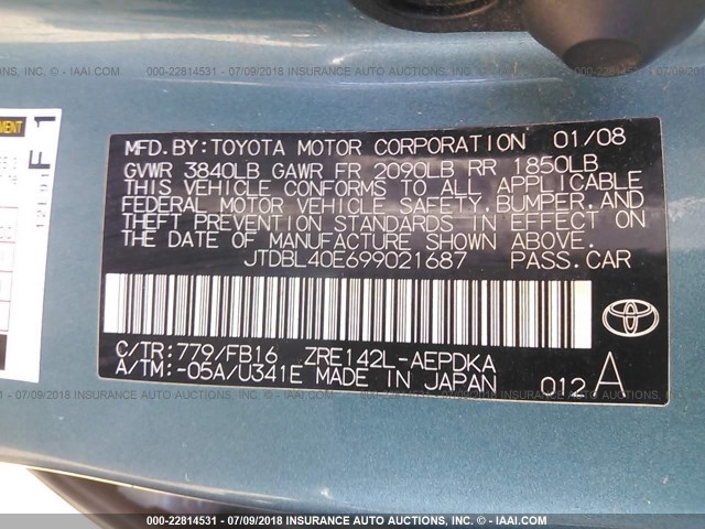 JTDBL40E699021687 - 2009 TOYOTA COROLLA LE/XLE TEAL photo 9