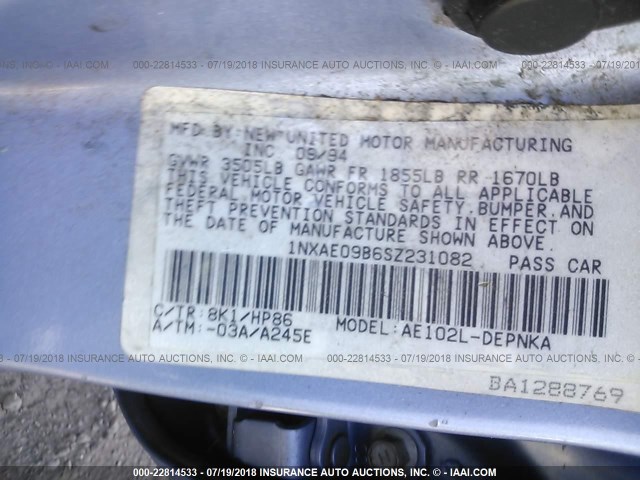 1NXAE09B6SZ231082 - 1995 TOYOTA COROLLA LE/DX ღია ლურჯი ფოტო 9