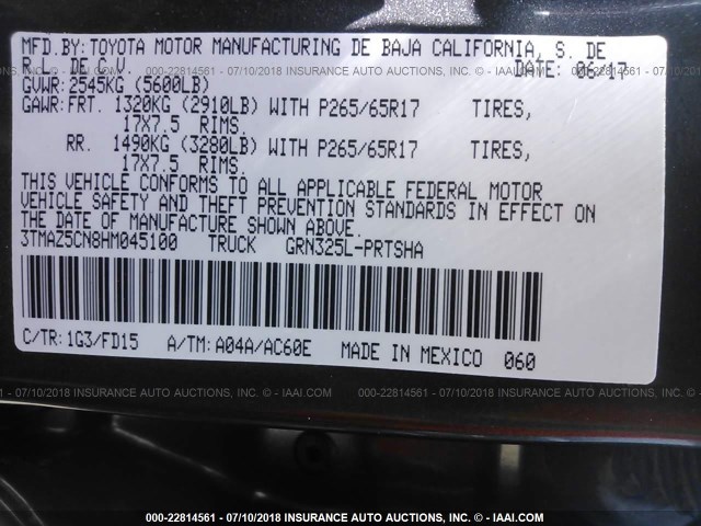 3TMAZ5CN8HM045100 - 2017 TOYOTA TACOMA DBL CAB/SR5/TRD SPORT/OR GRAY photo 9