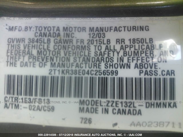 2T1KR38E04C256599 - 2004 TOYOTA COROLLA MATRIX XR GRAY photo 9