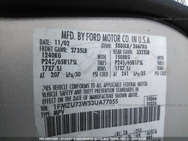 1FMZU73W53UA77055 - 2003 FORD EXPLORER XLT/XLT SPORT/NBX 银色 照片 9