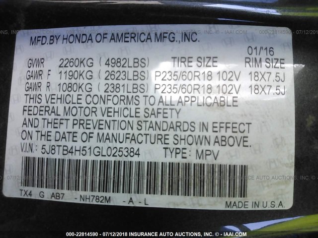 5J8TB4H51GL025384 - 2016 ACURA RDX TECHNOLOGY GRAY photo 9