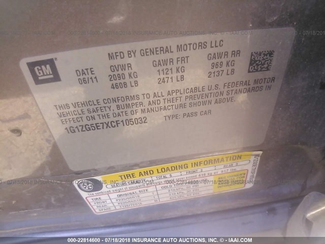 1G1ZG5E7XCF105032 - 2012 CHEVROLET MALIBU LTZ 灰色 照片 9