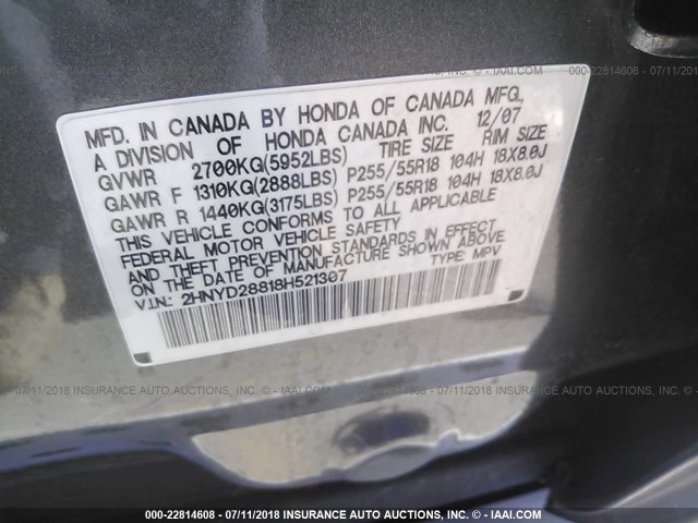 2HNYD28818H521307 - 2008 ACURA MDX SPORT GRAY photo 9