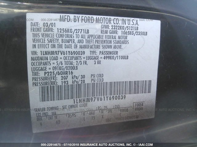 1LNHM97V61Y690039 - 2001 LINCOLN CONTINENTAL  BLACK photo 9