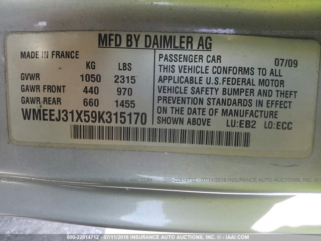 WMEEJ31X59K315170 - 2009 SMART FORTWO PURE/PASSION BLUE photo 9