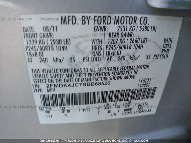 2FMDK4JC7BBB68520 - 2011 FORD EDGE SEL SILVER photo 9