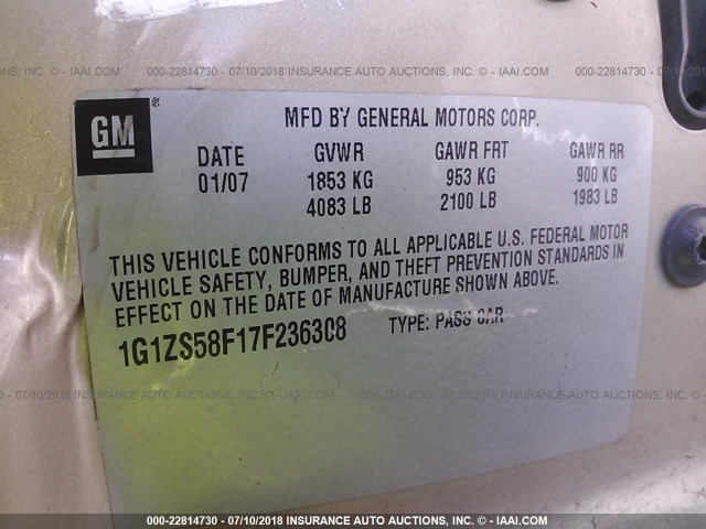 1G1ZS58F17F236308 - 2007 CHEVROLET MALIBU LS ოქროსფერი ფოტო 9