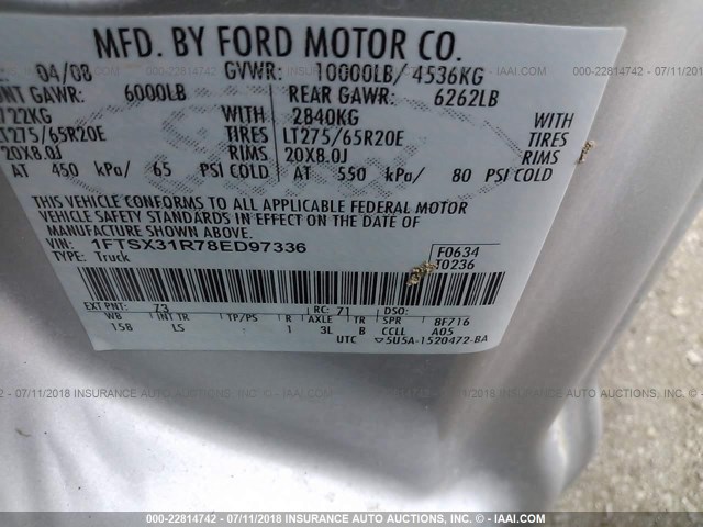 1FTSX31R78ED97336 - 2008 FORD F350 SRW SUPER DUTY SILVER photo 9