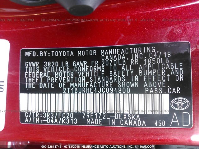 2T1BURHE4JC094800 - 2018 TOYOTA COROLLA L/LE/XLE/SE/XSE RED photo 9