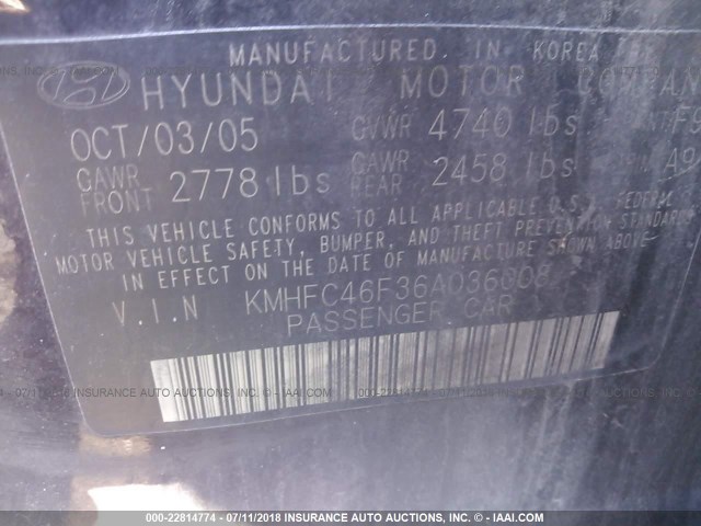 KMHFC46F36A036008 - 2006 HYUNDAI AZERA SE/LIMITED PURPLE photo 9