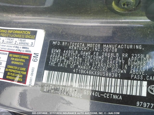 4T1BK46KX9U588381 - 2009 TOYOTA CAMRY SE/LE/XLE SILVER photo 9