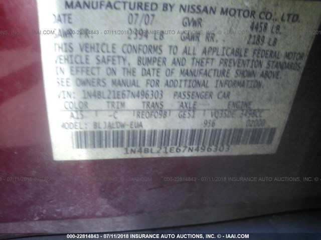 1N4BL21E67N496303 - 2007 NISSAN ALTIMA 3.5SE/3.5SL MAROON photo 9