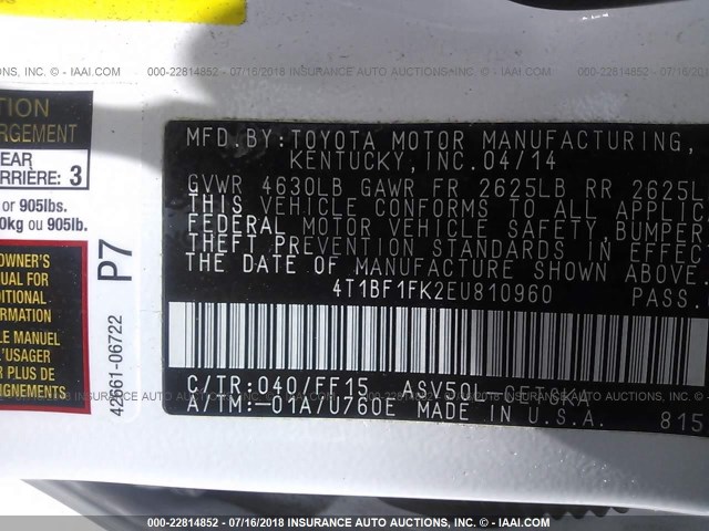 4T1BF1FK2EU810960 - 2014 TOYOTA CAMRY L/SE/LE/XLE თეთრი ფოტო 9