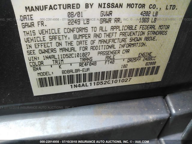 1N4AL11D52C101027 - 2002 NISSAN ALTIMA S/SL BLUE photo 9