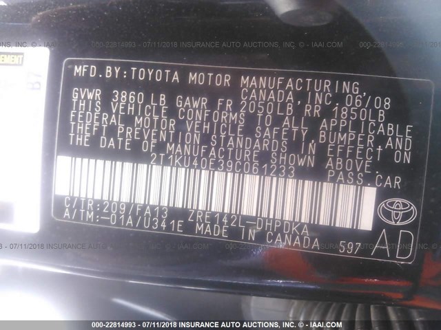 2T1KU40E39C061233 - 2009 TOYOTA COROLLA MATRIX  BLACK photo 9