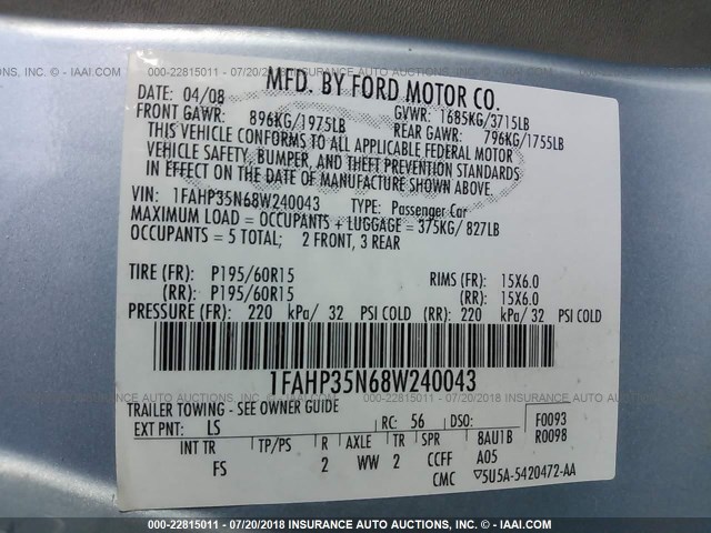 1FAHP35N68W240043 - 2008 FORD FOCUS SE/SEL/SES BLUE photo 9