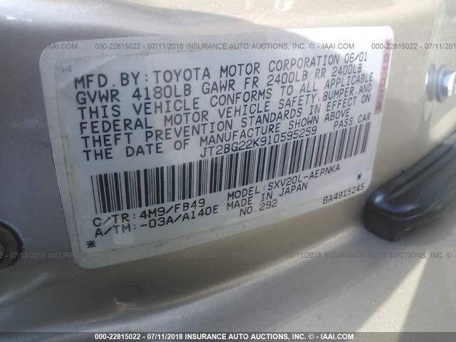 JT2BG22K910595259 - 2001 TOYOTA CAMRY CE/LE/XLE ოქროსფერი ფოტო 9