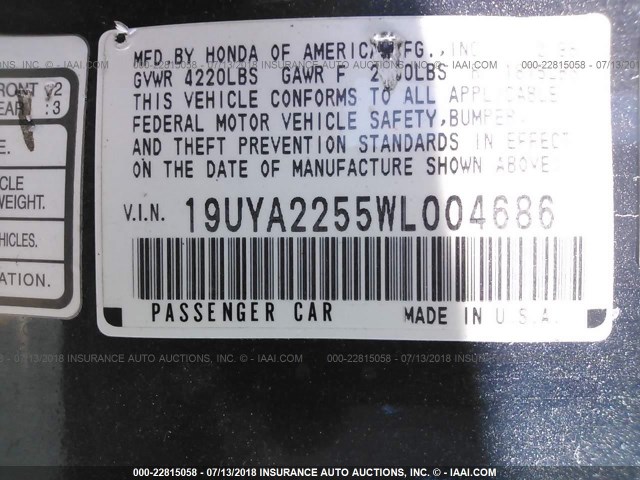 19UYA2255WL004686 - 1998 ACURA 3.0CL მუქი ლურჯი ფოტო 9