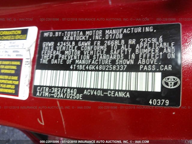 4T1BE46K48U258337 - 2008 TOYOTA CAMRY CE/LE/XLE/SE RED photo 9