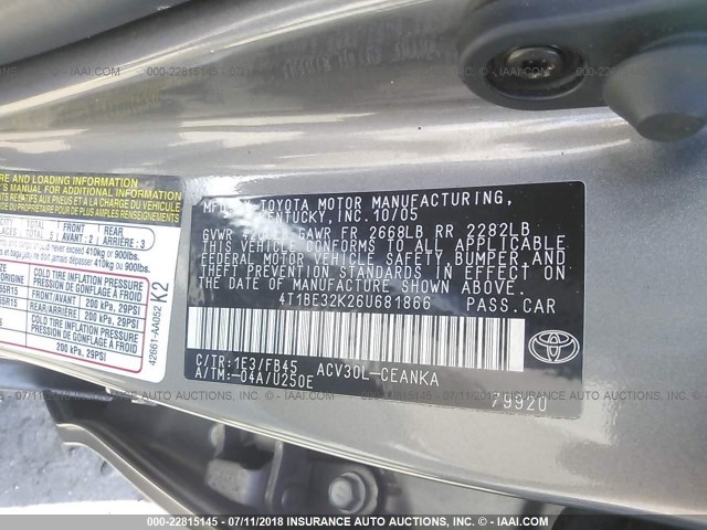 4T1BE32K26U681866 - 2006 TOYOTA CAMRY LE/XLE/SE 灰色 照片 9