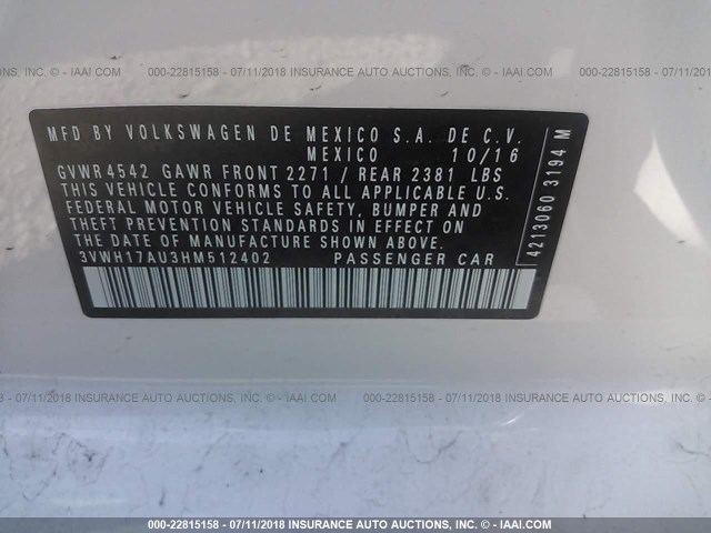 3VWH17AU3HM512402 - 2017 VOLKSWAGEN Golf Alltrack S/SE/SEL 白色 照片 9