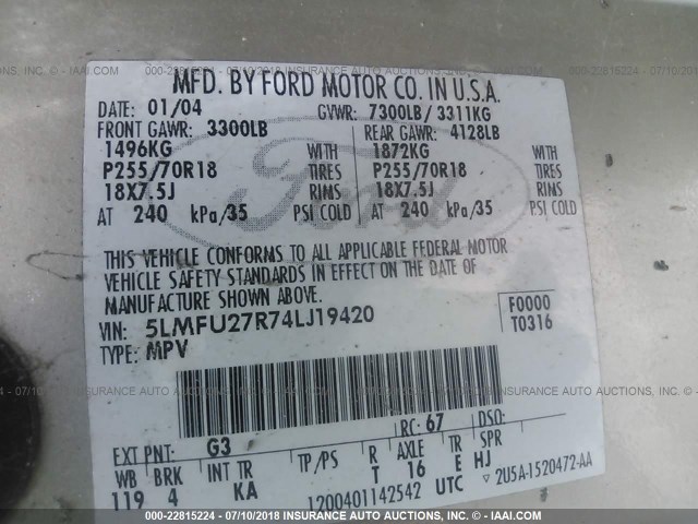 5LMFU27R74LJ19420 - 2004 LINCOLN NAVIGATOR GOLD photo 9