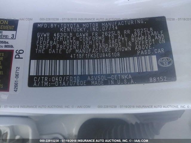 4T1BF1FK5EU846108 - 2014 TOYOTA CAMRY L/SE/LE/XLE 白色 照片 9