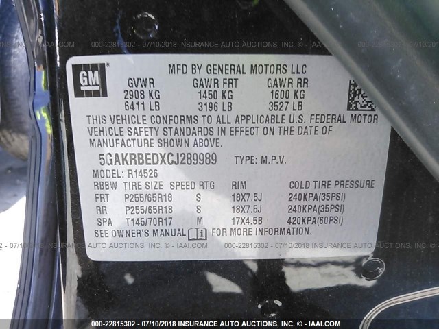 5GAKRBEDXCJ289989 - 2012 BUICK ENCLAVE BLACK photo 9