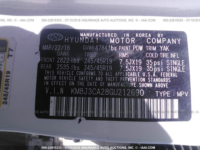 KM8J3CA28GU212690 - 2016 HYUNDAI TUCSON LIMITED/SPORT AND ECO/SE WHITE photo 9