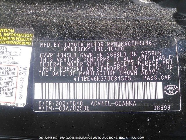 4T1BE46K37U081505 - 2007 TOYOTA CAMRY NEW GENERAT CE/LE/XLE/SE BLACK photo 9