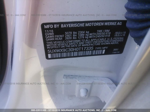 5UXWX9C30H0T17335 - 2017 BMW X3 XDRIVE28I WHITE photo 9
