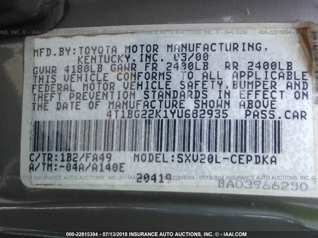 4T1BG22K1YU682935 - 2000 TOYOTA CAMRY CE/LE/XLE 金色 照片 9