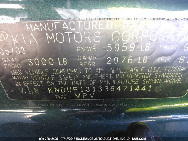 KNDUP131336471441 - 2003 KIA SEDONA EX/LX GREEN photo 9