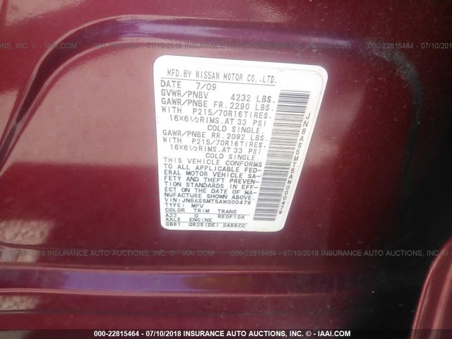 JN8AS5MT5AW000479 - 2010 NISSAN ROGUE S/SL/KROM RED photo 9