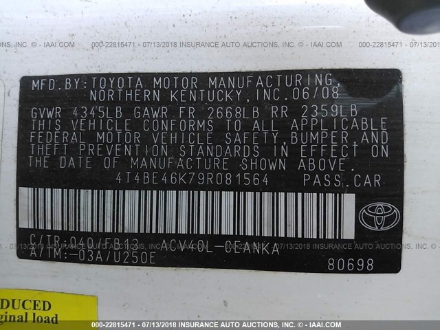 4T4BE46K79R081564 - 2009 TOYOTA CAMRY SE/LE/XLE WHITE photo 9