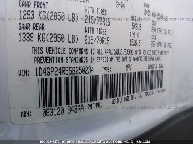 1D4GP24R55B250234 - 2005 DODGE GRAND CARAVAN SE WHITE photo 9