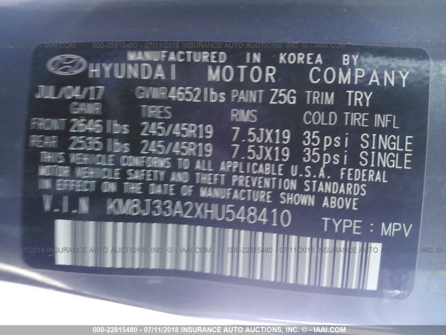 KM8J33A2XHU548410 - 2017 HYUNDAI TUCSON LIMITED/SPORT AND ECO/SE GRAY photo 9