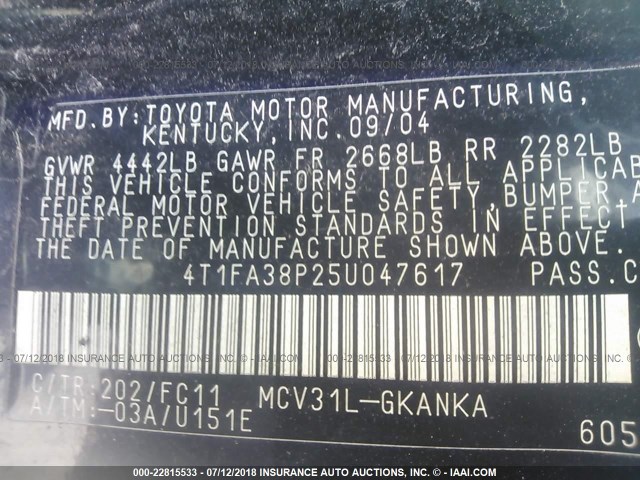 4T1FA38P25U047617 - 2005 TOYOTA CAMRY SOLARA SE/SLE Qara foto 9