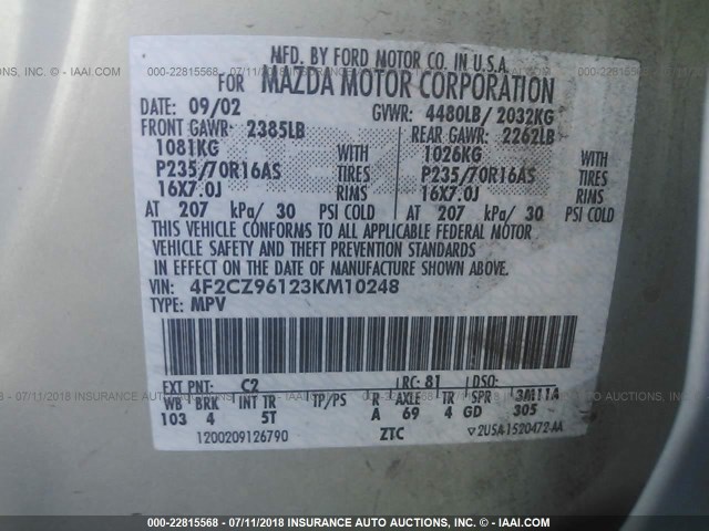 4F2CZ96123KM10248 - 2003 MAZDA TRIBUTE ES GRAY photo 9