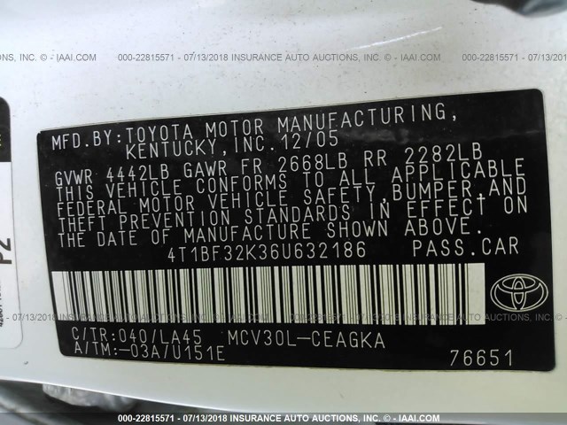 4T1BF32K36U632186 - 2006 TOYOTA CAMRY LE/XLE/SE Ağ foto 9