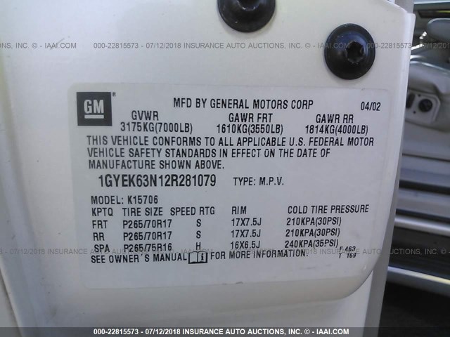 1GYEK63N12R281079 - 2002 CADILLAC ESCALADE LUXURY თეთრი ფოტო 9