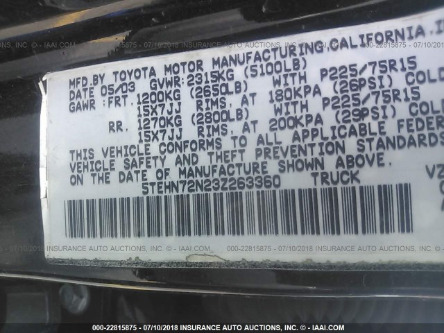 5TEHN72N23Z263360 - 2003 TOYOTA TACOMA DOUBLE CAB BLACK photo 9