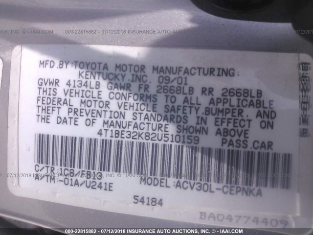 4T1BE32K82U510159 - 2002 TOYOTA CAMRY LE/XLE/SE Gümüş foto 9