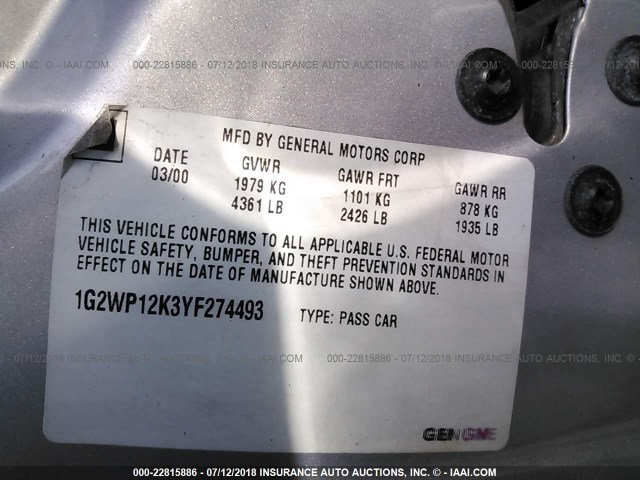 1G2WP12K3YF274493 - 2000 PONTIAC GRAND PRIX GT SILVER photo 9